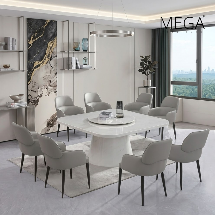 Odena Marble Dining Table & Isen Faux Leather Dining Chair Set (1+8)