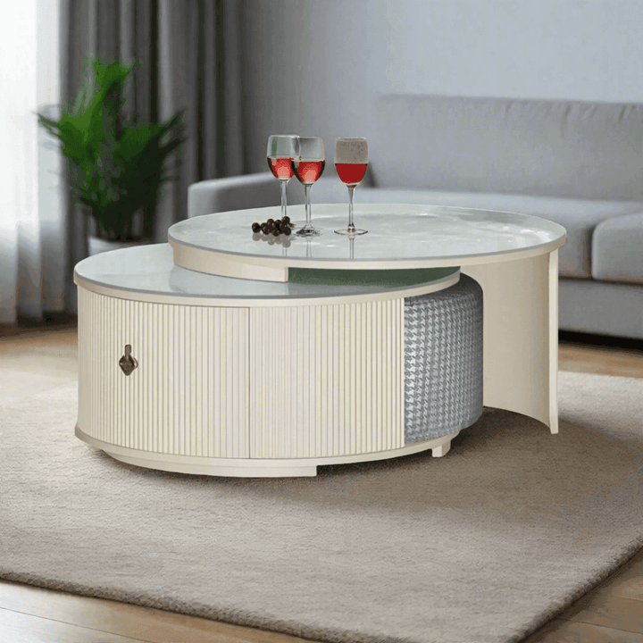 Charlotte Extendable Coffee Table with Sintered Stone Top + 2 Fabric Stools