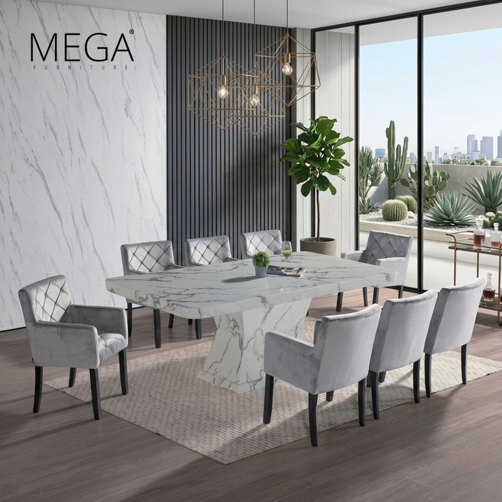 Roja Marble Dining Table & Canis Fabric Dining Chair Set (1+8)
