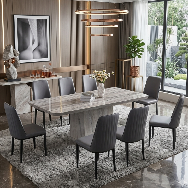Fjella Marble Dining Table & Brisa Faux Leather Dining Chair Set (1+8)