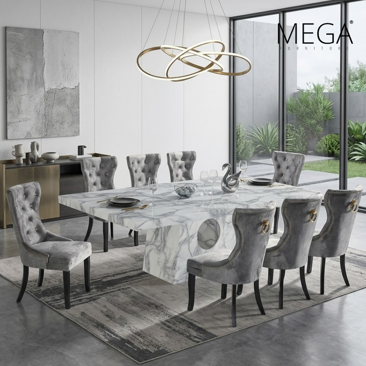 Auren Marble Dining Table & Segin Chesterfield Dining Chair Set (1+8)