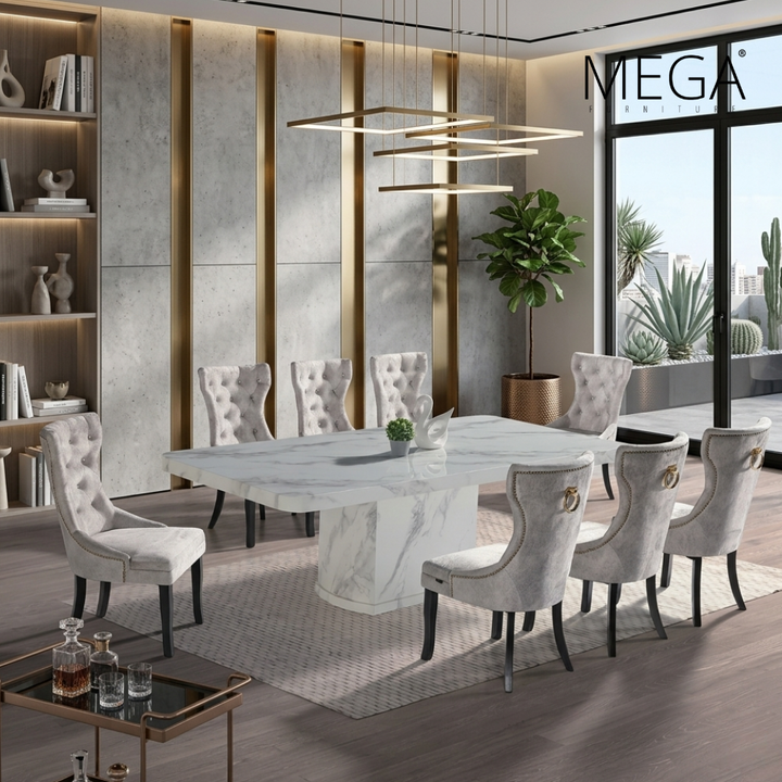 Lunor Marble Dining Table & Veya Plush Fabric Dining Chair Set (1+8)