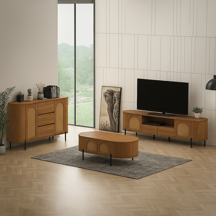 Zoya Rattan Living Room Set <br> (Coffee Table + TV Console + Buffet Hutch)
