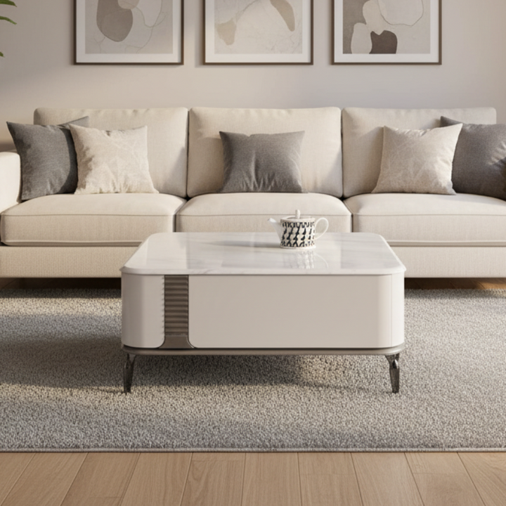 Lucille Square Coffee Table with Cultured Marble Top in White (80cm)