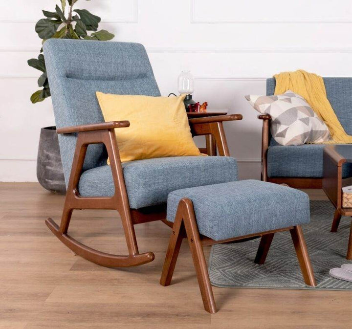 Andreus Blue Fabric Wooden Rocking Chair with Ottoman