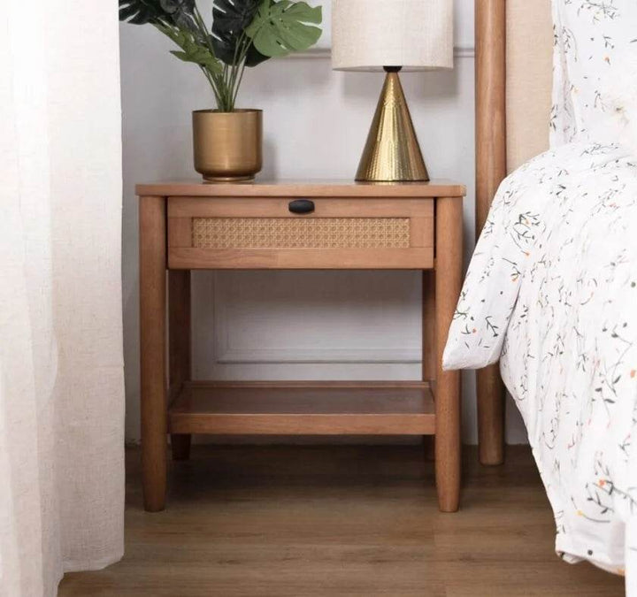 Delora Wooden Bedside Table with Rattan Drawer