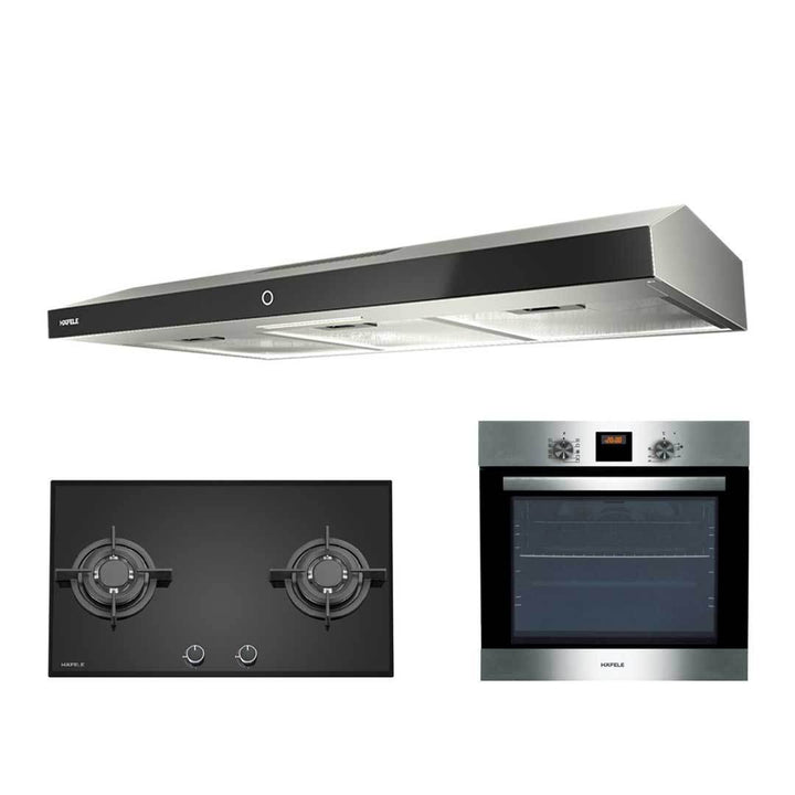 [BUNDLE] Hafele 90cm 3 Speed Slim Hood 538.86.103 + Hafele 80cm 2 Burner (PUB) Gas Hob 538.01.946 + Hafele Self Clean 60L Oven 536.07.490