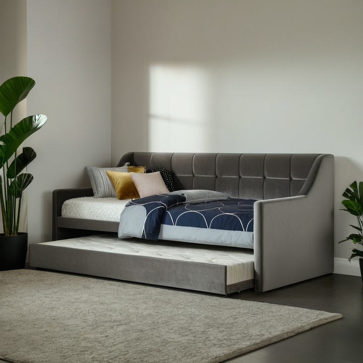 Merryle 3 in 1 Grey Velvet Fabric Daybed Pull Out Bed Frame (Water Repellent)
