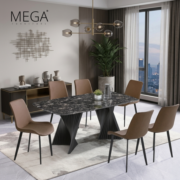 Runae Sintered Stone Dining Table & Niva Faux Leather Dining Chair Set (1+6)
