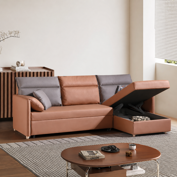 Harynne L-Shaped Faux Leather Storage Sofa Bed