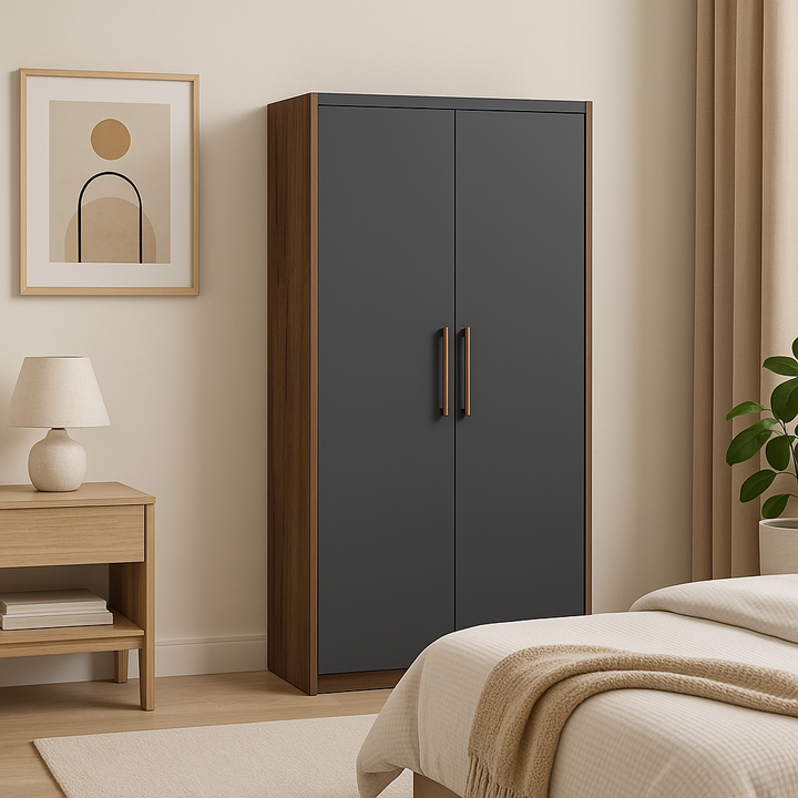 BRITTON 2 Door + 1 Pull Out Drawer Wooden Modern Wardrobe / Clothes Cabinet | Grey Matte Color | Small Space Furniture