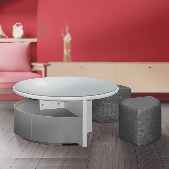 Alanna Tempered Glass Coffee Table + 2 Fabric Stool