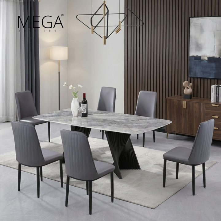 Viken Sintered Stone Dining Table & Elva Faux Leather Dining Chair Set (1+6)