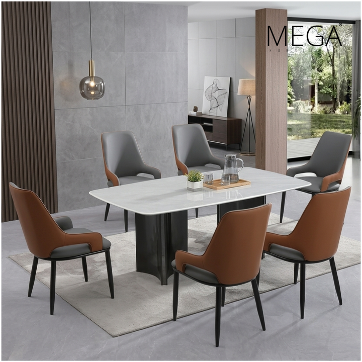 Linor Sintered Stone Dining Table & Aster Faux Leather Dining Chair Set (1+6)