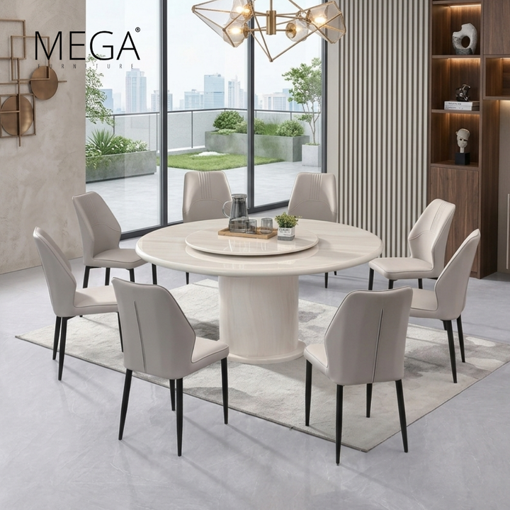 Evren Round Dining Table & Veronie Dining Chair Set (1+8)