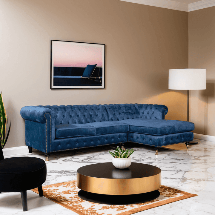 Gimorie Chesterfield Velvet Fabric L-Shaped Sofa