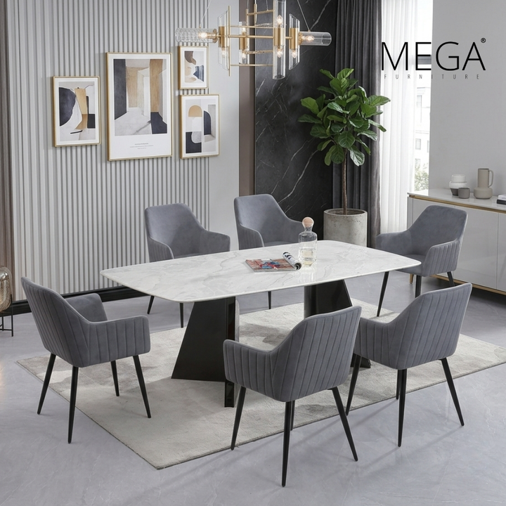 Lumi Sintered Stone Dining Table & Lyren Fabric Dining Chair Set (1+6)