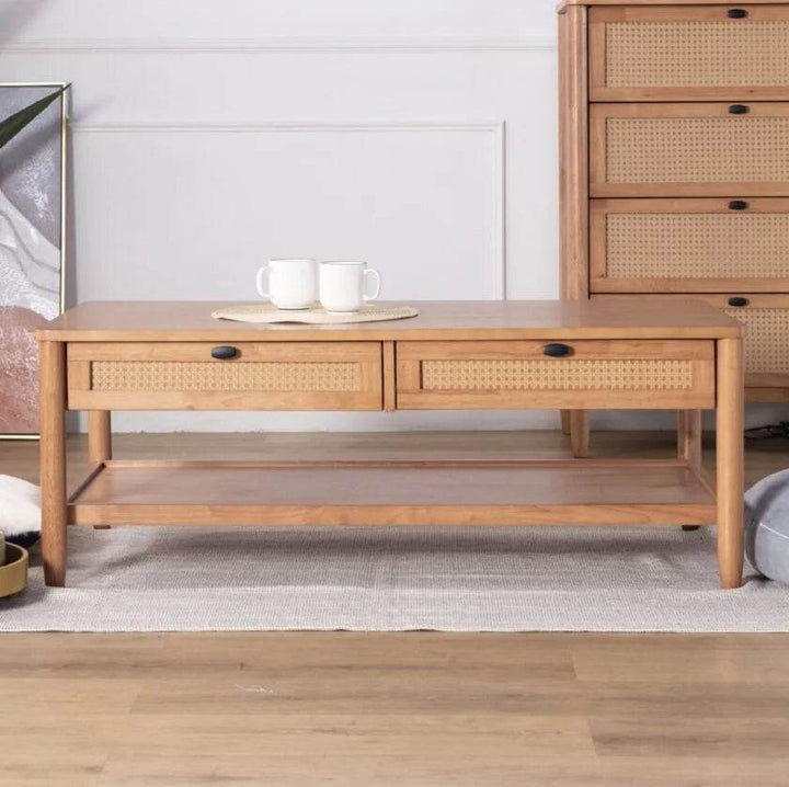 Delora Wooden Coffee Table with Rattan Drawers