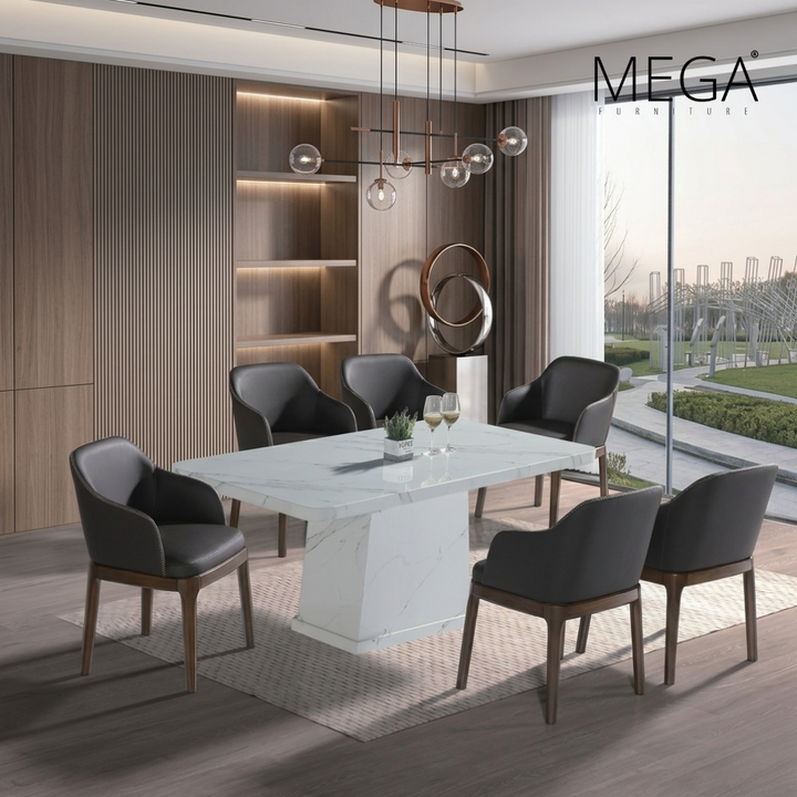 Varda Marble Dining Table & Svela Faux Leather Dining Chair Set (1+6)