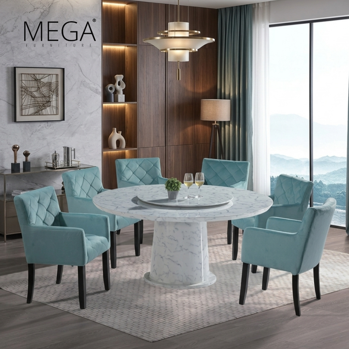 Toren Round Dining Table & Canis Fabric Dining Chair Set (1+6)