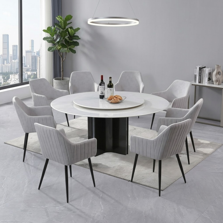 Iver Round Marble Dining Table & Varen Pet-Friendly Fabric Dining Chair Set (1+8)
