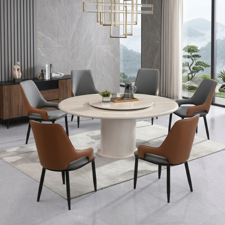 Selvik Round Dining Table & Aster Faux Leather Dining Chair Set (1+6)