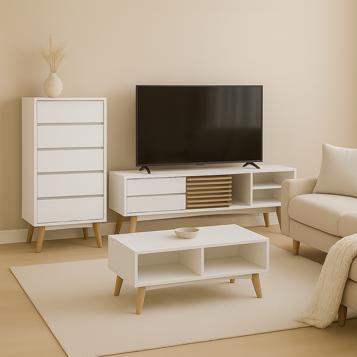 Xandra White Living Room Set <br> (Coffee Table + TV Console + Chest of Drawer)