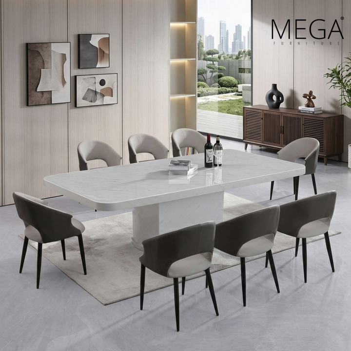 Elska Marble Dining Table & Spical Faux Leather Dining Chair Set (1+8)