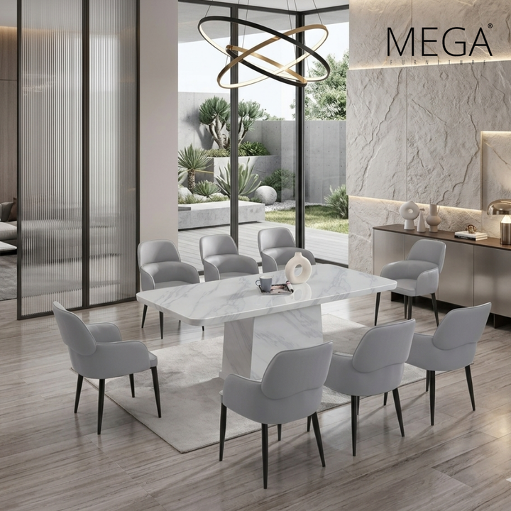 Myrhe Marble Dining Table & Isen Faux Leather Dining Chair Set (1+8)