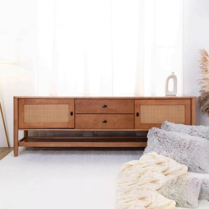 Delora Wooden TV Console with Rattan Drawers